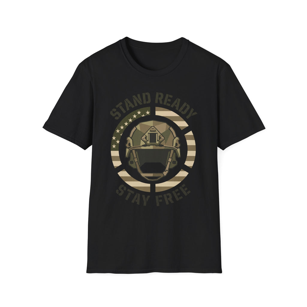 Black crew-neck military helmet graphic t-shirt with circular “Stand Ready Stay Free” print