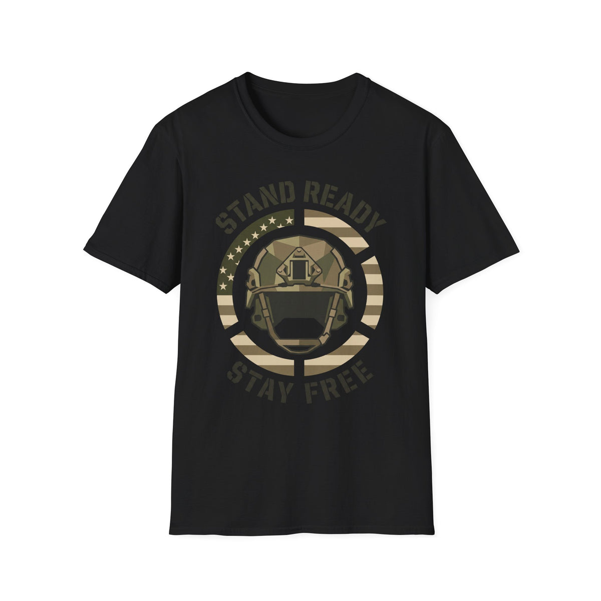 Black crew-neck military helmet graphic t-shirt with circular “Stand Ready Stay Free” print