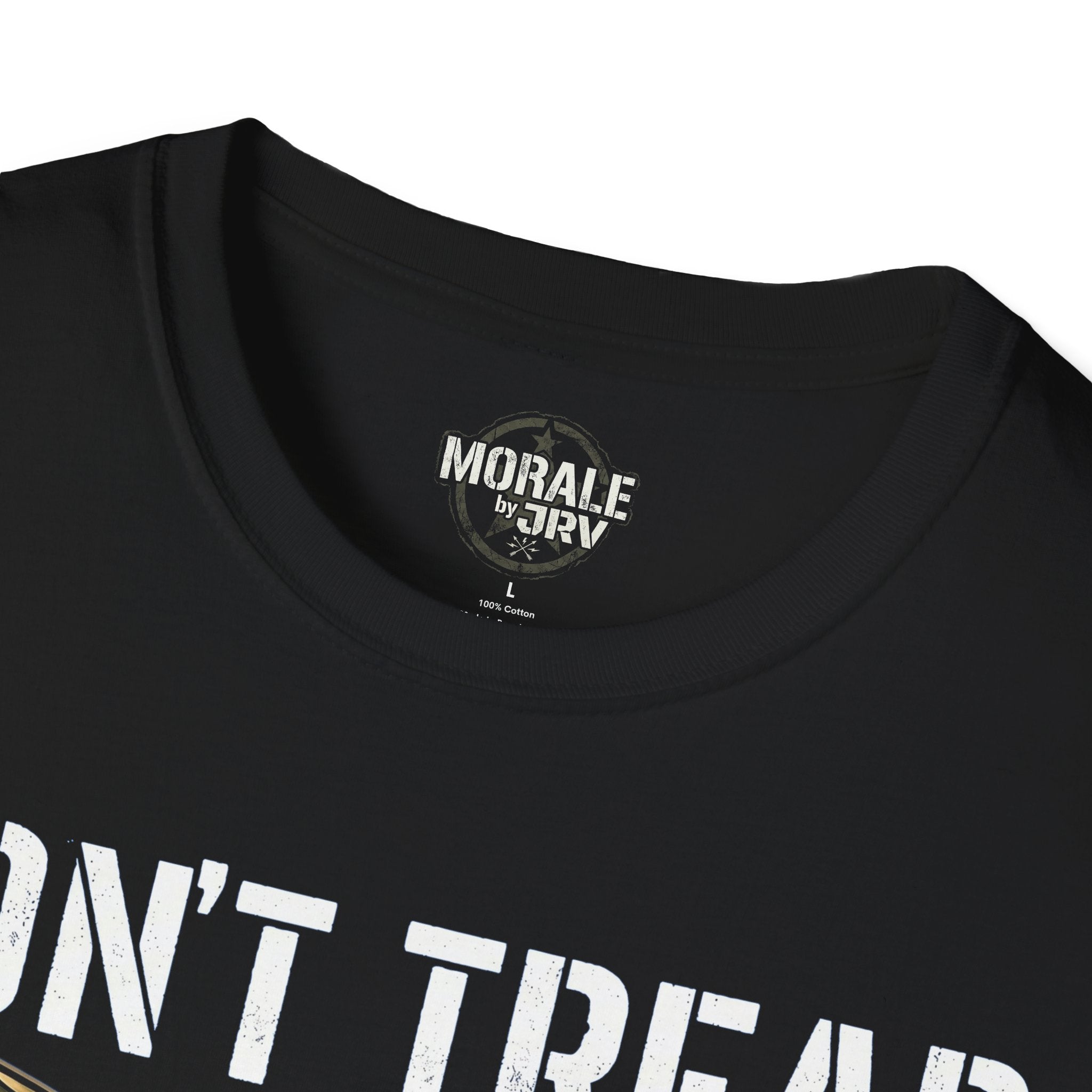 Black T-shirt with small chest logo near the neckline