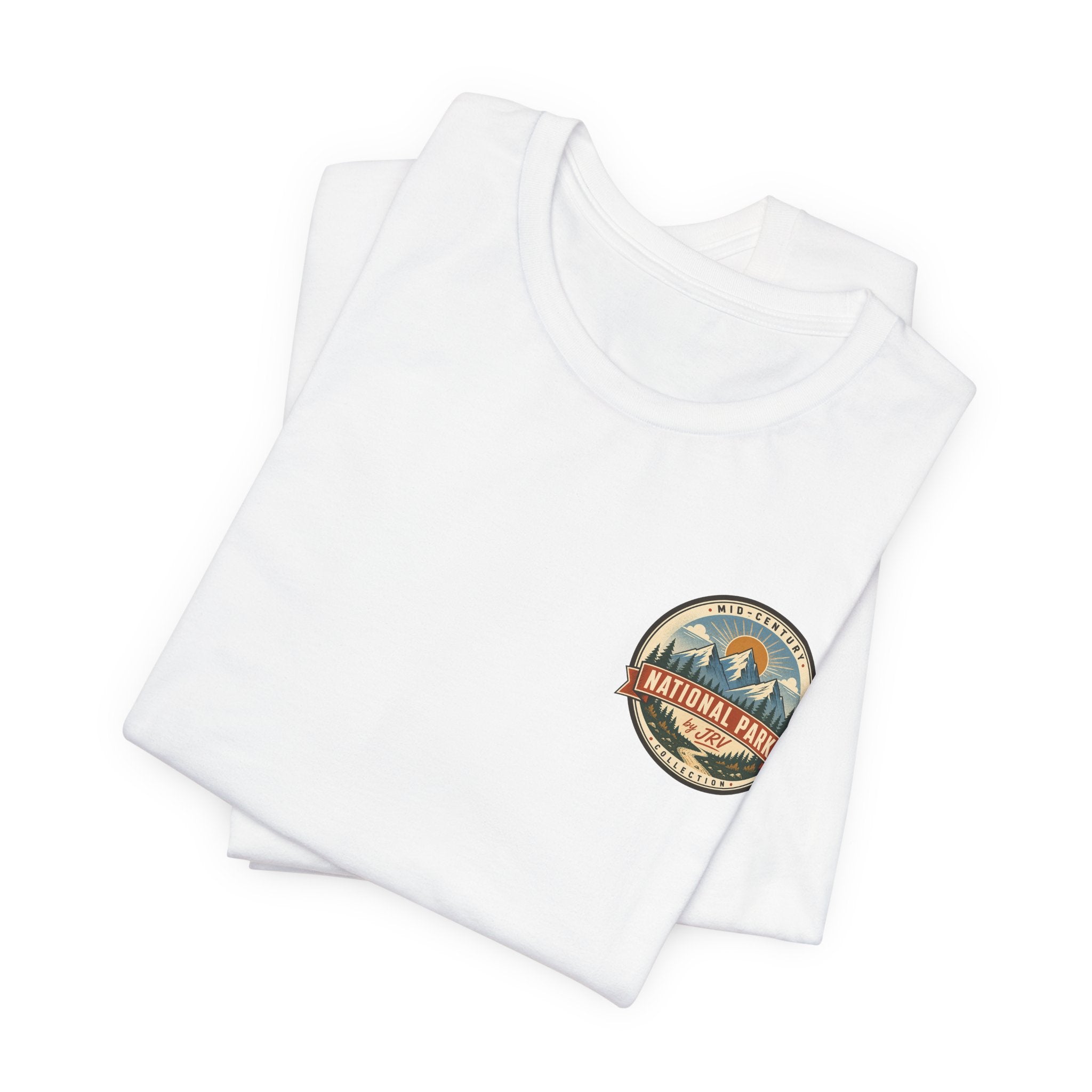 White Yellowstone t-shirt with National Park circular badge graphic on chest