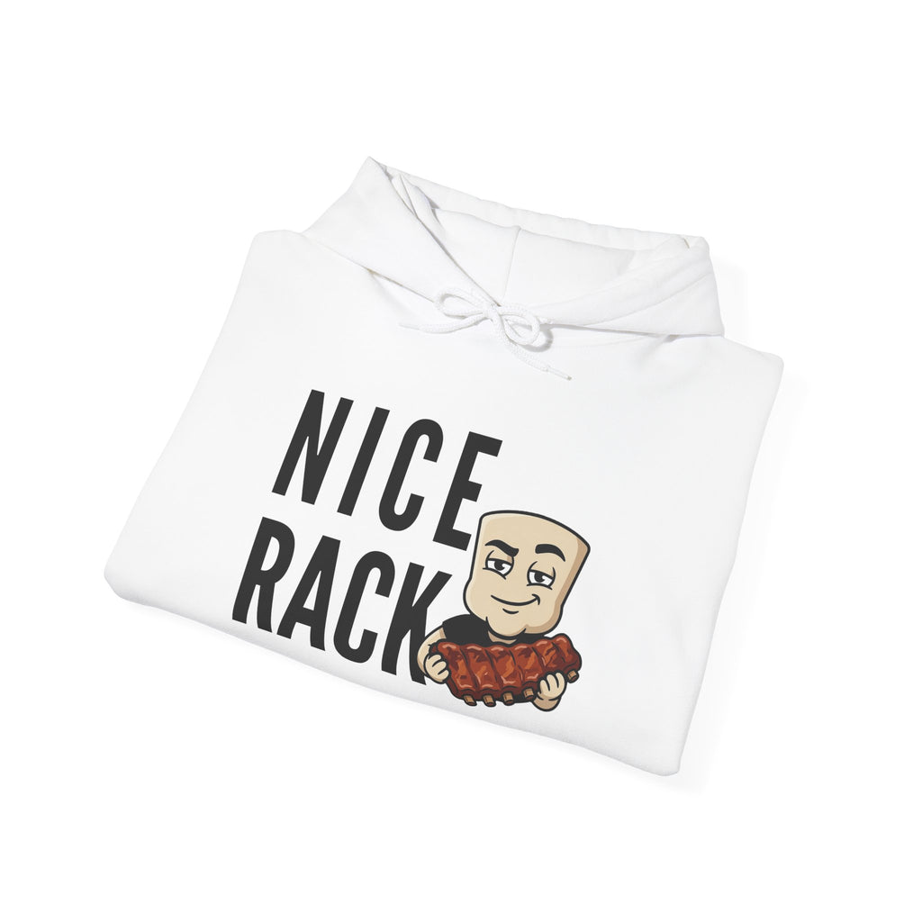White hoodie with hood and “Nice Rack” rib graphic on front