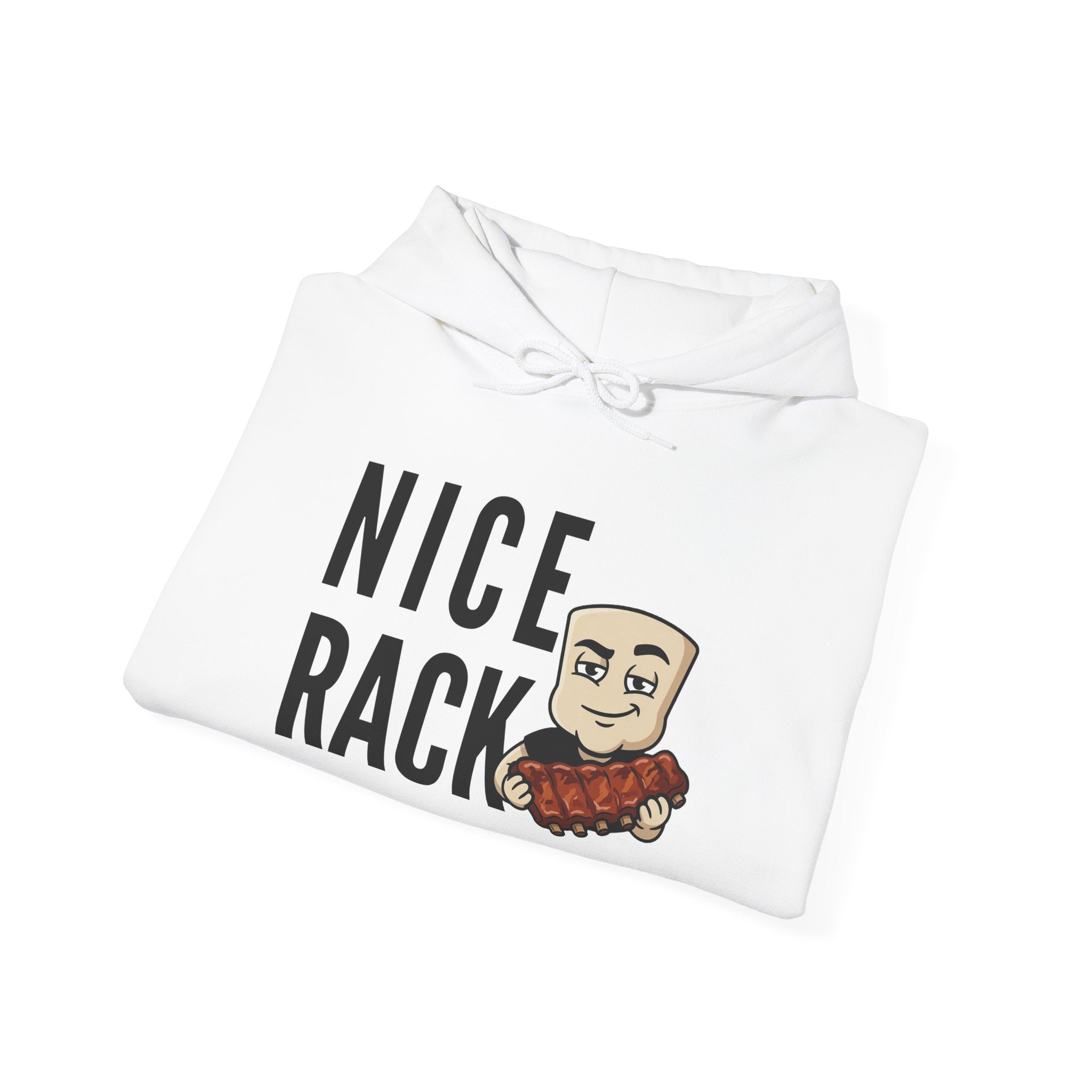 White hoodie with hood and “Nice Rack” rib graphic on front