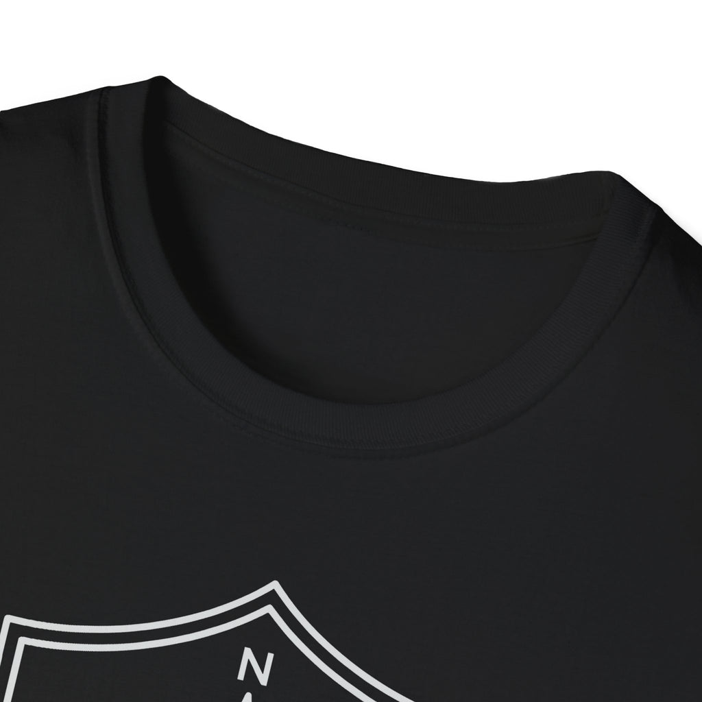 Black T-shirt crew neck collar, plain front with compass shield graphic partially visible
