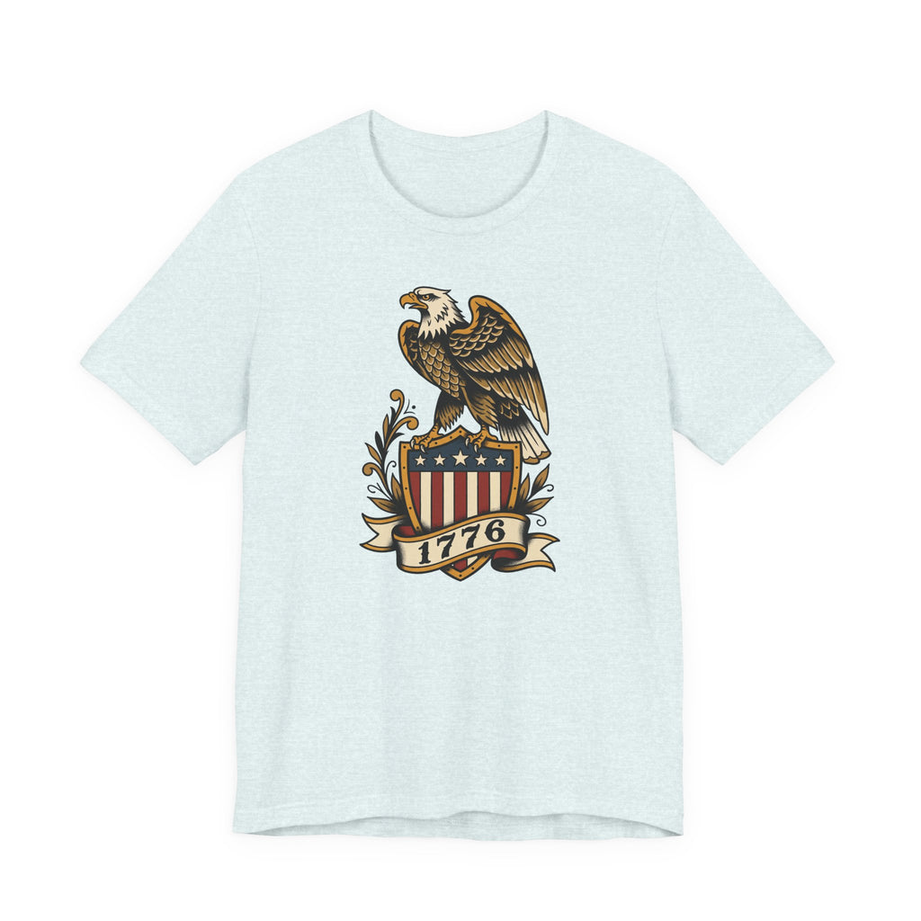 Powder blue t-shirt with eagle shield graphic and banner reading 1776