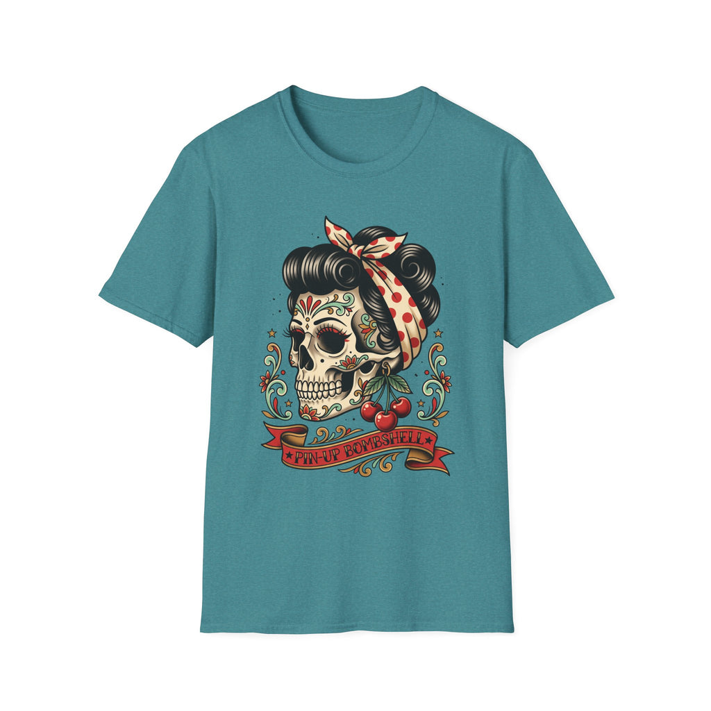 Sugar Skull Pinup T-Shirt in teal with colorful tattoo-style skull and banner