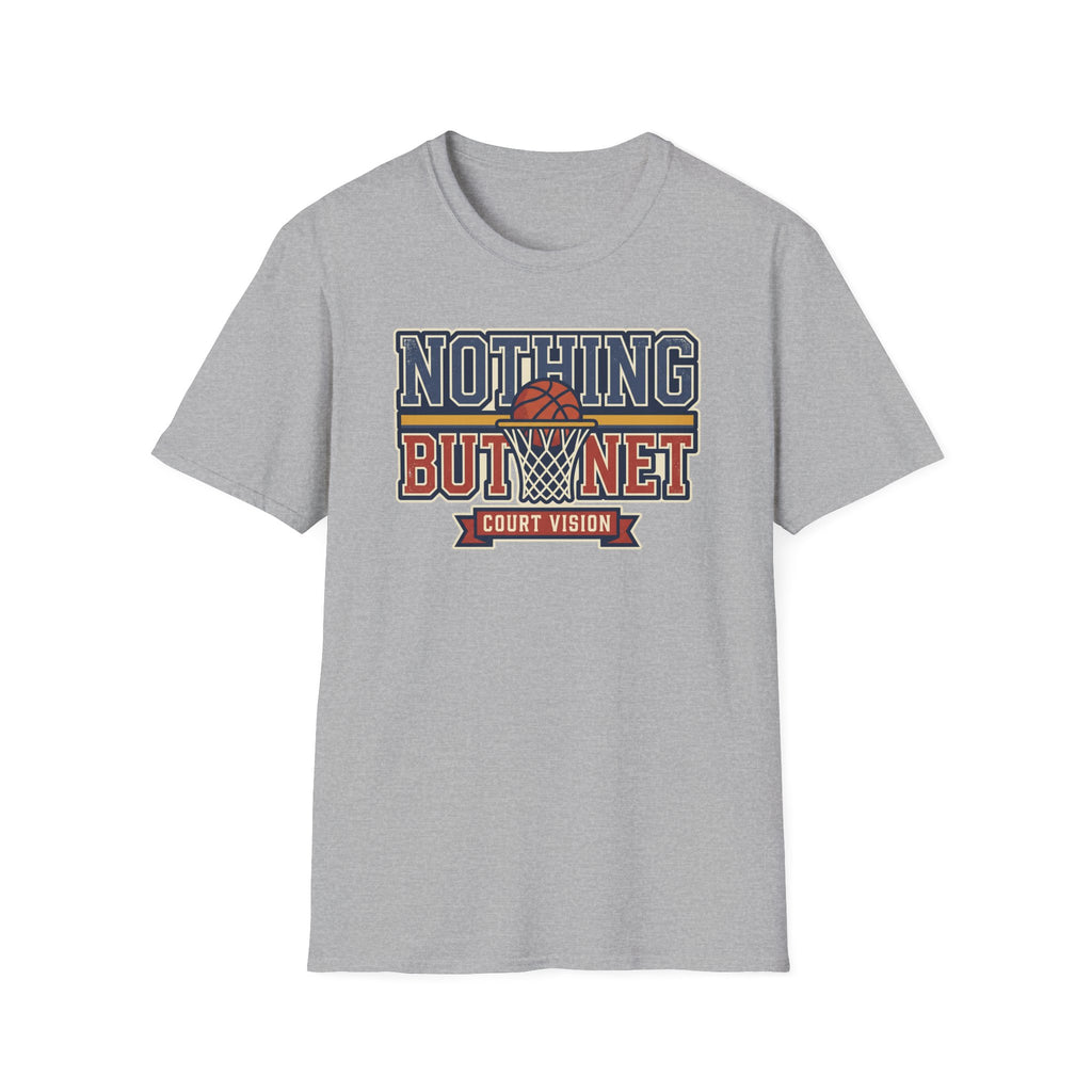 Light gray short-sleeve T-shirt featuring “NOTHING BUT NET” hoop net graphic on the chest.