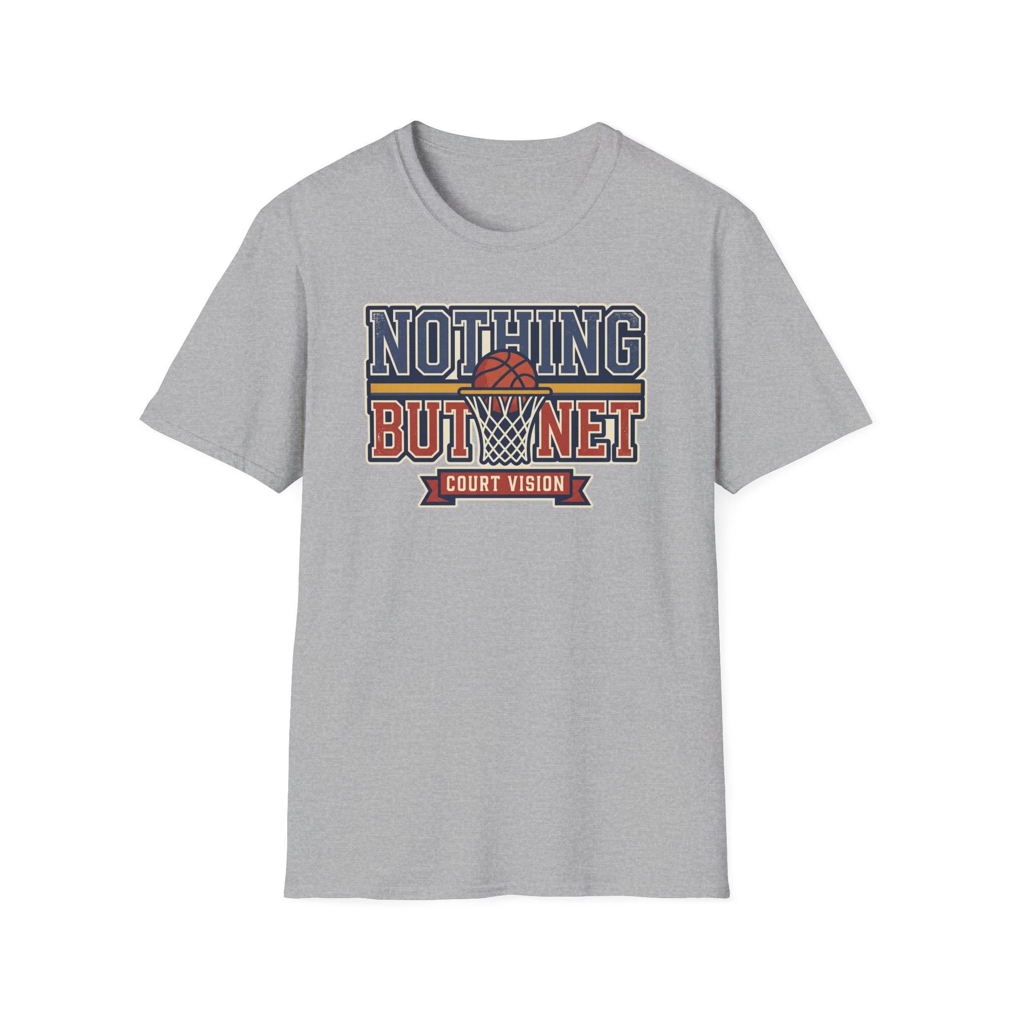 Light gray short-sleeve T-shirt featuring “NOTHING BUT NET” hoop net graphic on the chest.