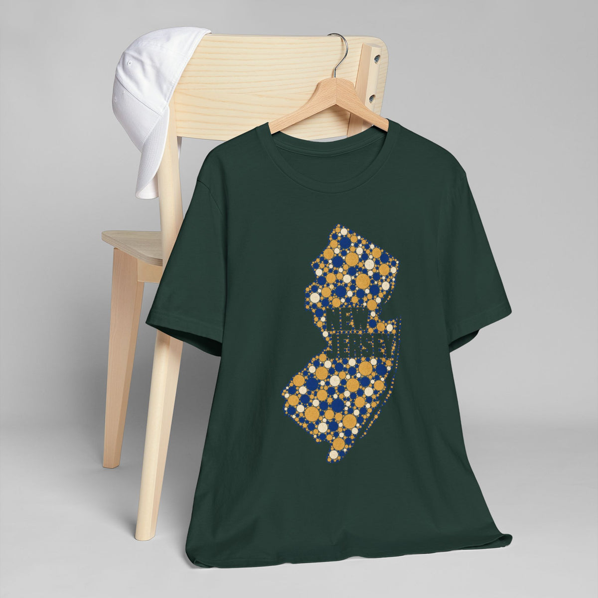Forest green t-shirt with blue and yellow New Jersey floral map graphic