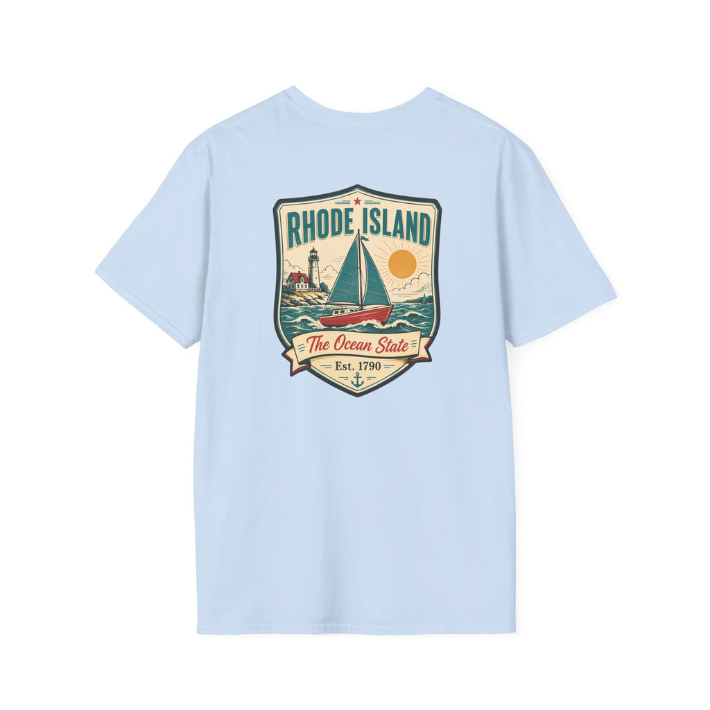 Sailboat graphic t-shirt, light blue, with Rhode Island emblem front print