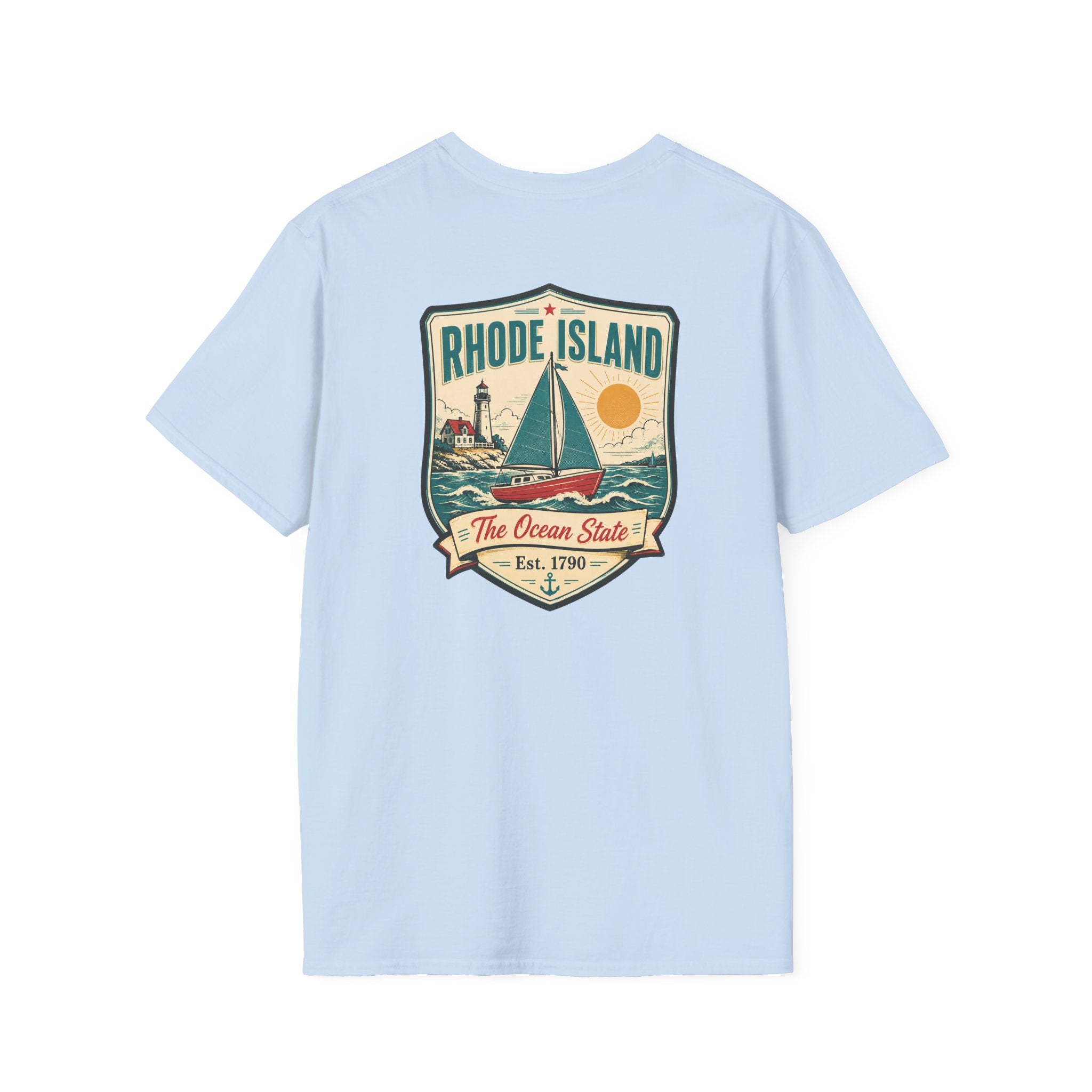Sailboat graphic t-shirt, light blue, with Rhode Island emblem front print