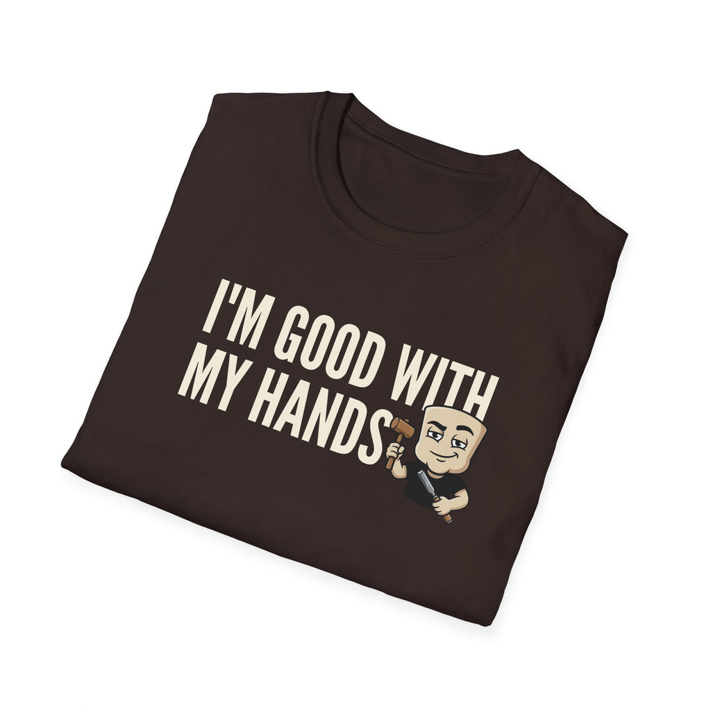 Dark brown T-shirt with crew neck, 'I'M GOOD WITH MY HANDS' print and cartoon builder