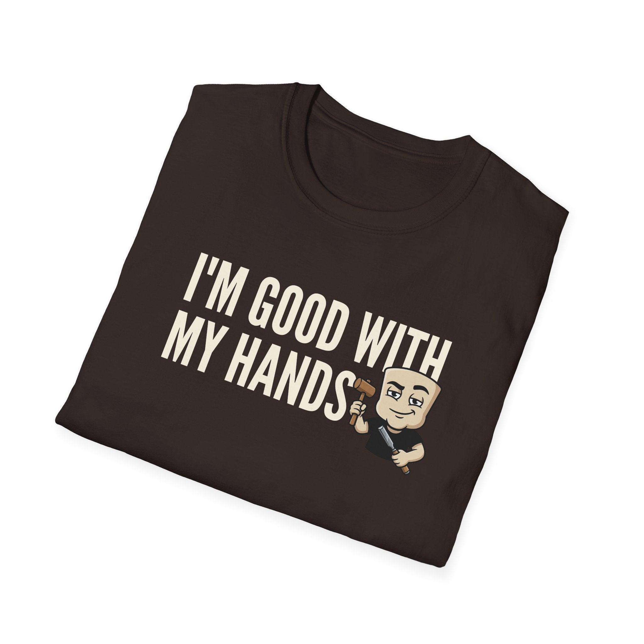 Dark brown T-shirt with crew neck, 'I'M GOOD WITH MY HANDS' print and cartoon builder