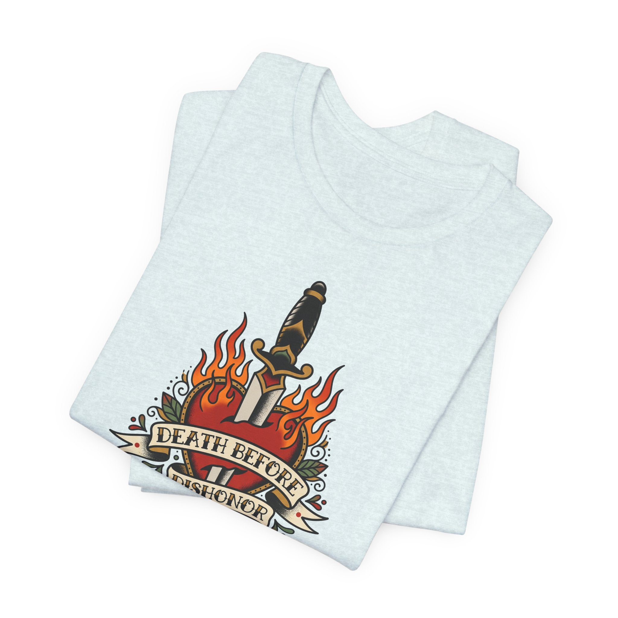 Light blue graphic T-shirt with flaming dagger emblem on front