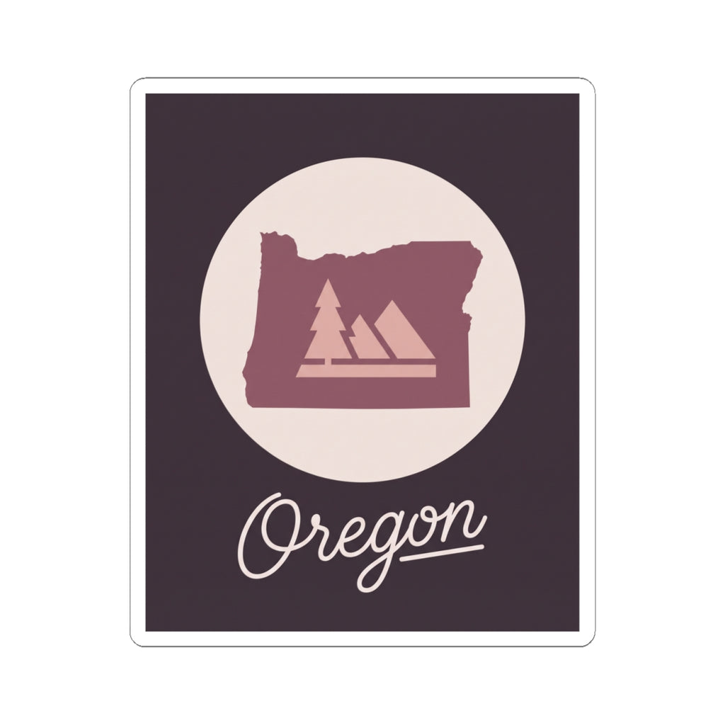 Square Oregon decal sticker: maroon state silhouette, pine icons, and cursive Oregon name