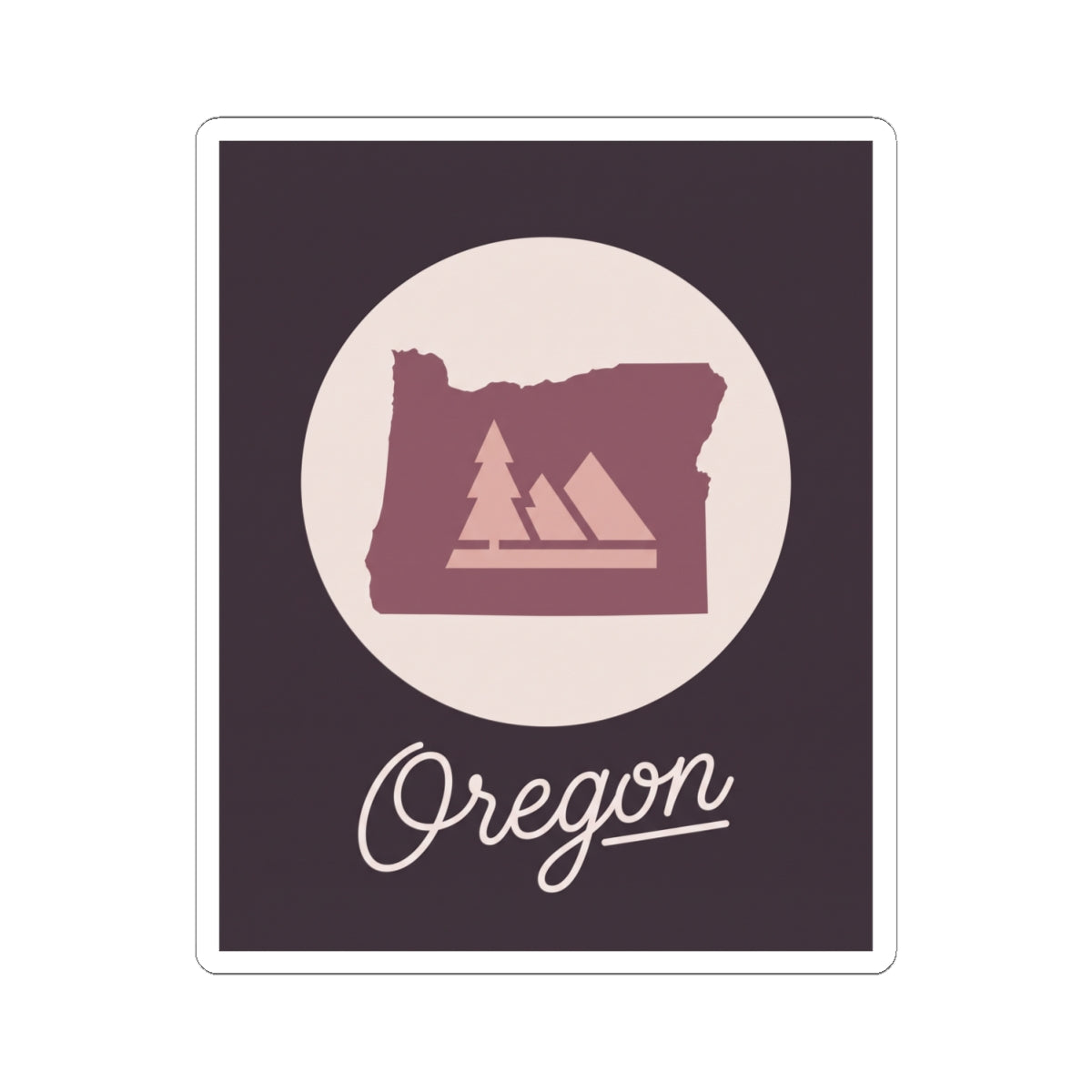 Square Oregon decal sticker: maroon state silhouette, pine icons, and cursive Oregon name