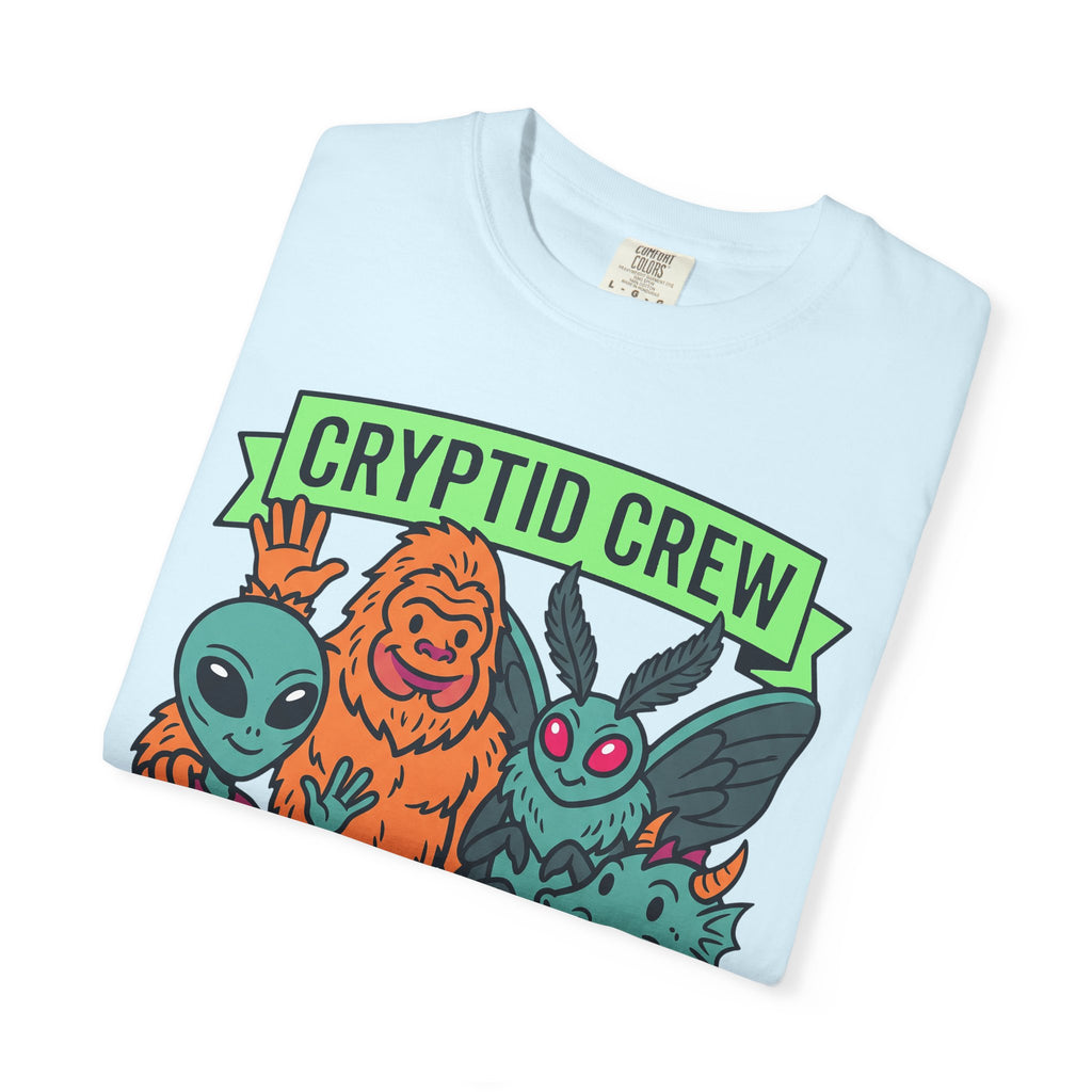 Light blue crewneck T-shirt with Cryptid Crew graphic