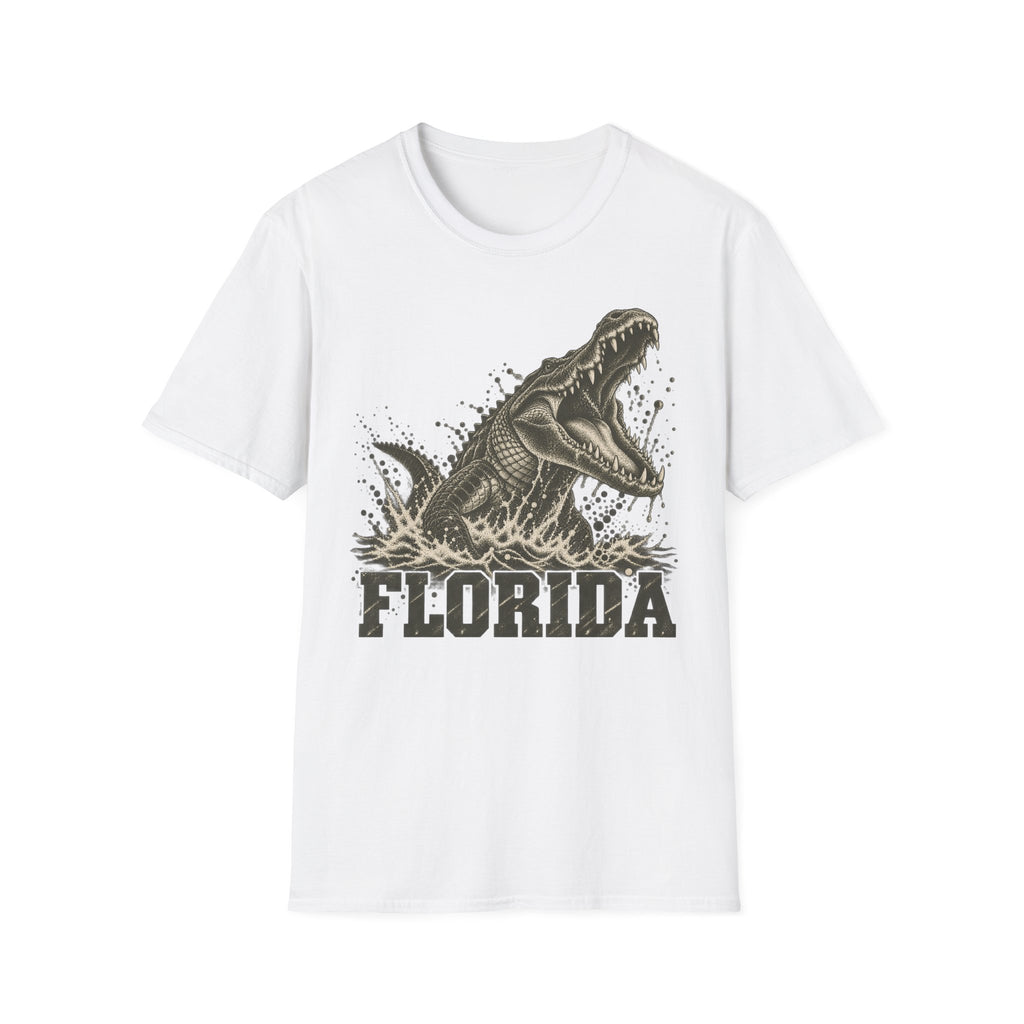 White crew-neck t-shirt with lunging alligator graphic and FLORIDA text