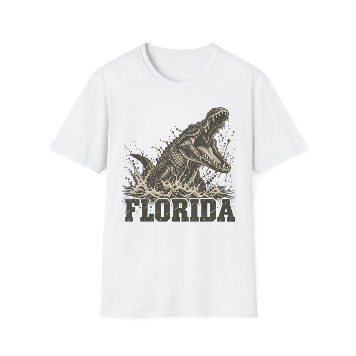 White crew-neck t-shirt with lunging alligator graphic and FLORIDA text