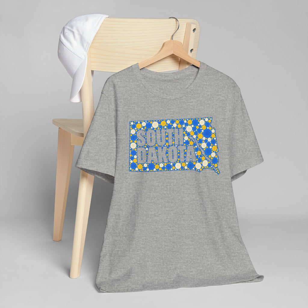 Heather gray crew-neck T-shirt with blue-and-yellow South Dakota polka-dot map graphic on front