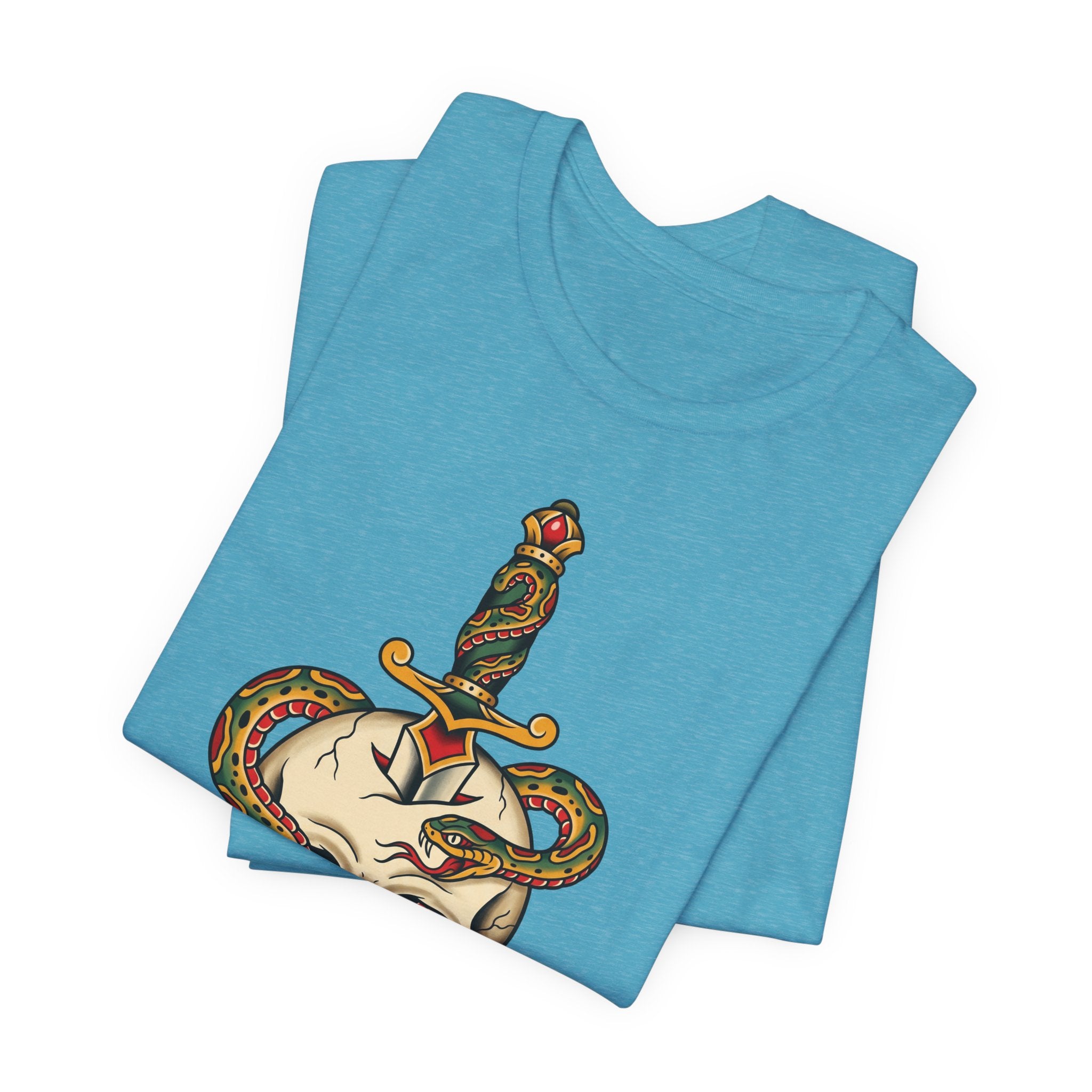 Heather aqua t-shirt with colorful snake skull and dagger graphic, folded