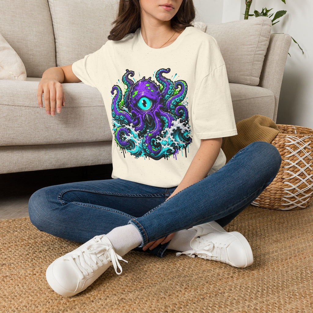 Cream crew-neck short-sleeve T-shirt with purple octopus eye graphic