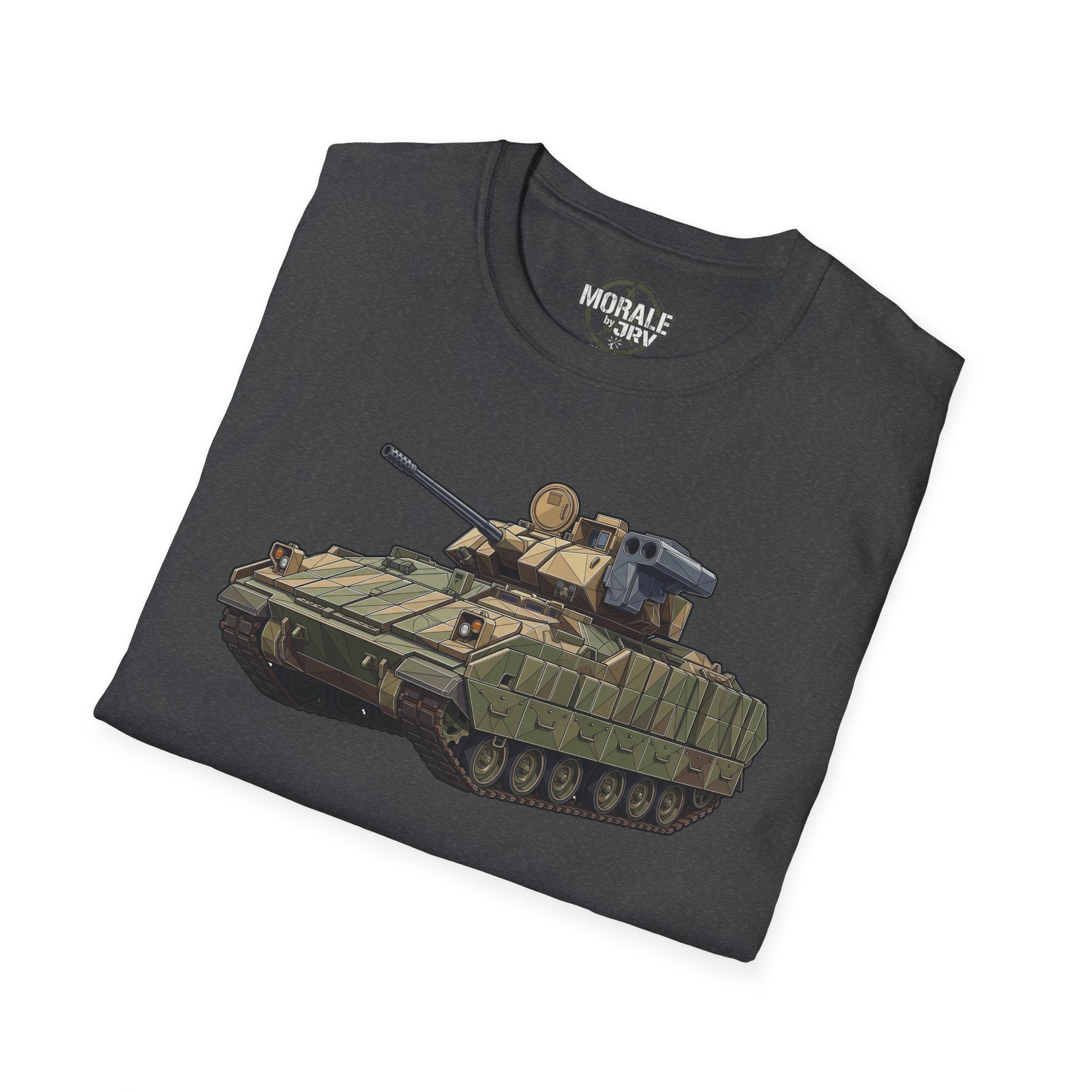 Military tank T-shirt with full armored vehicle graphic on dark heather gray