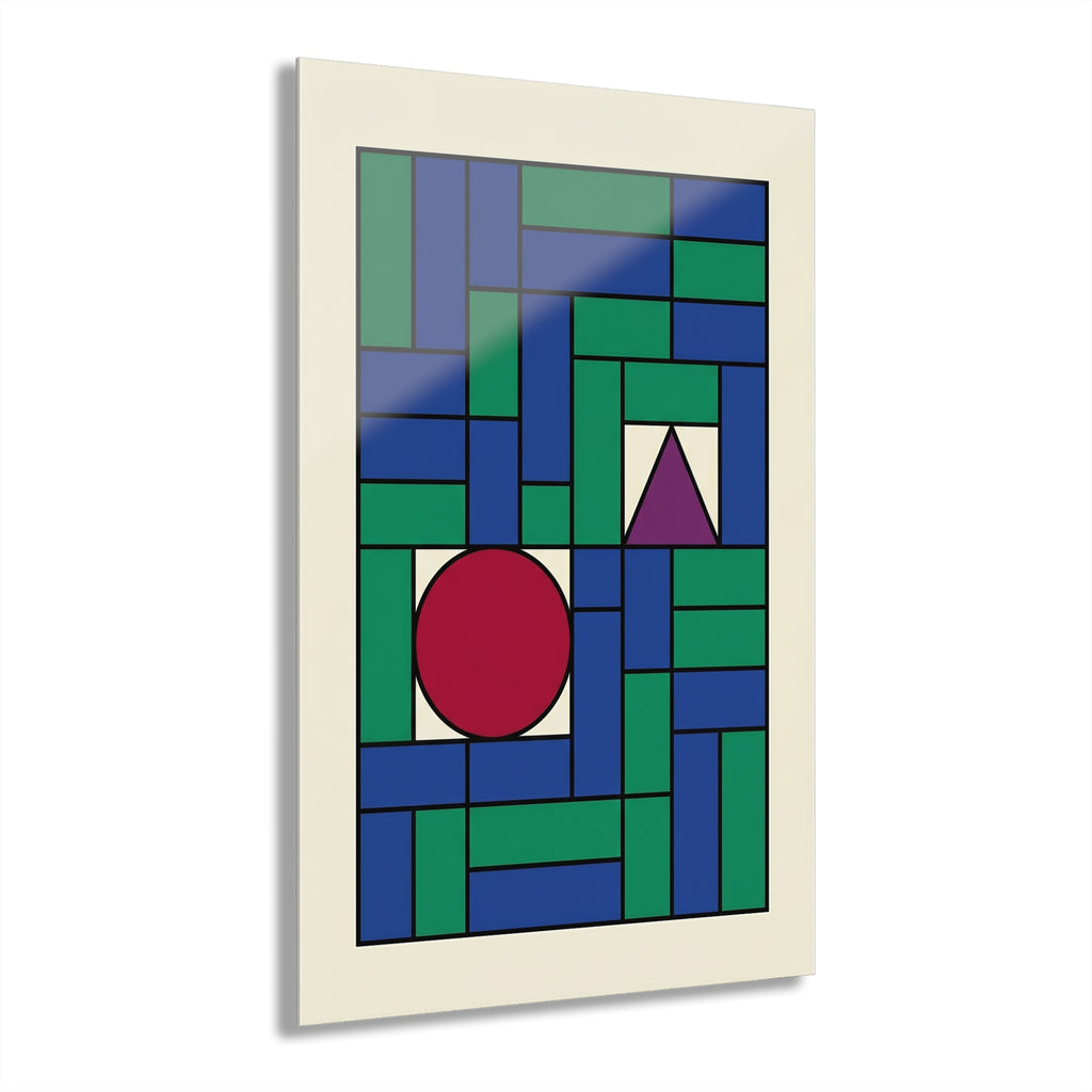 Geometric grid wall art: interlocking blue-green blocks with a red circle and purple triangle