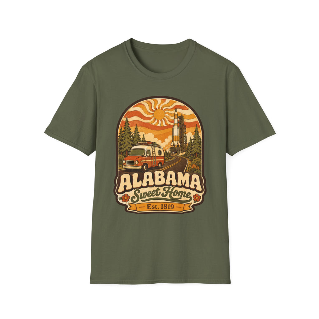 Unisex military green T-shirt with Alabama Sweet Home vintage camper graphic