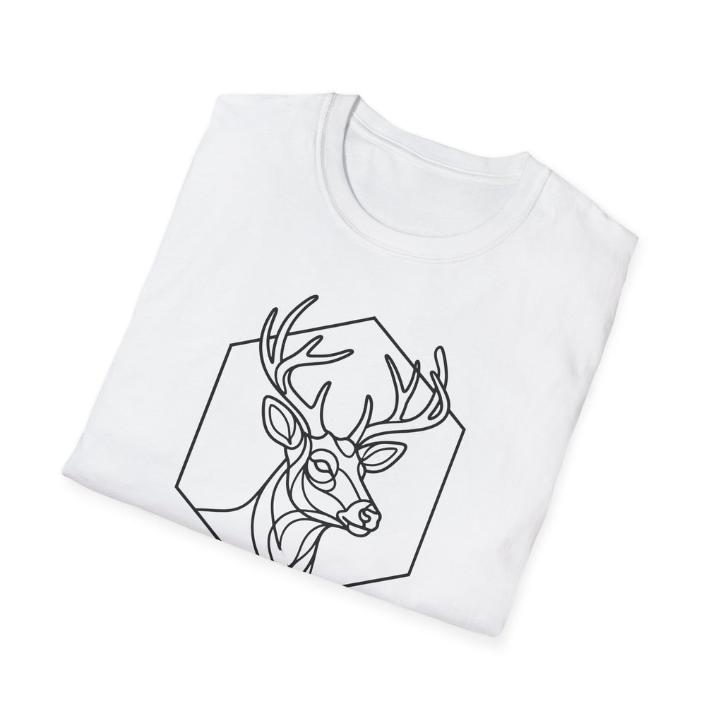 White deer t-shirt with black outlined stag head inside hexagon graphic