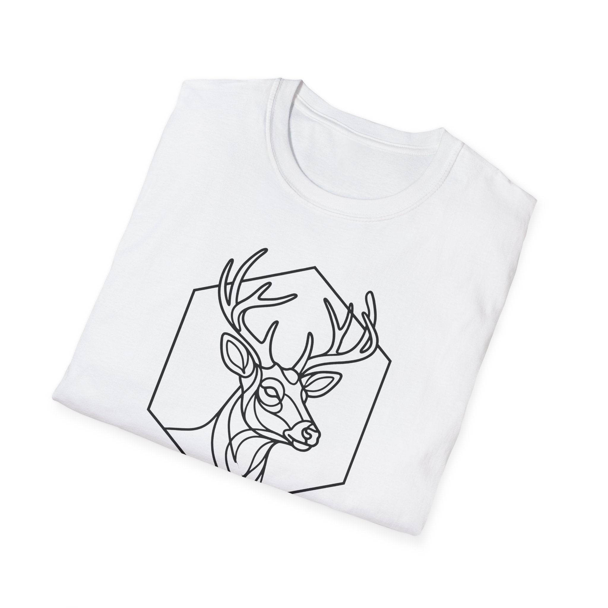 White deer t-shirt with black outlined stag head inside hexagon graphic