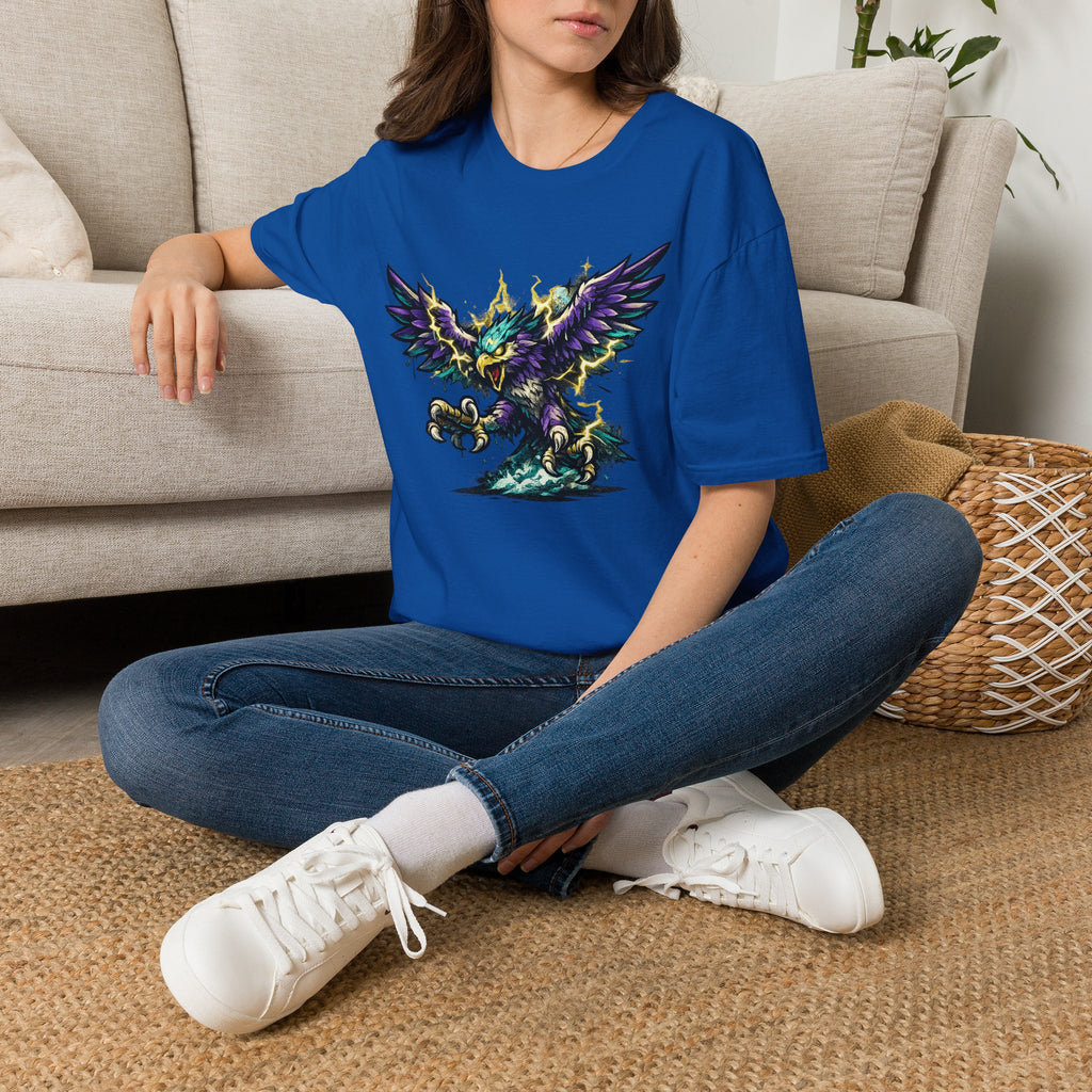 Royal blue crew-neck T-shirt with colorful lightning bird graphic on the chest