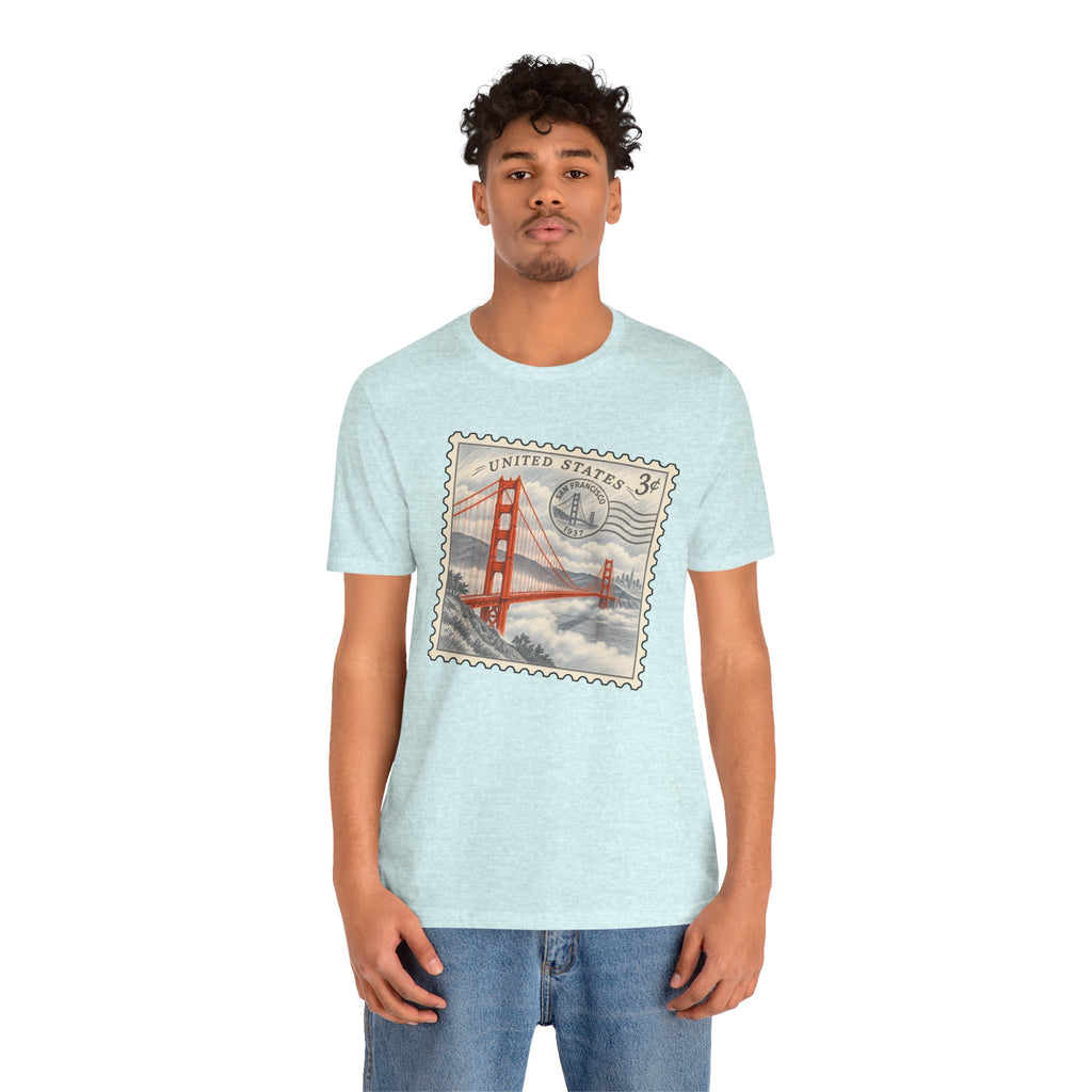 Light blue T-shirt with vintage postage stamp Golden Gate bridge graphic