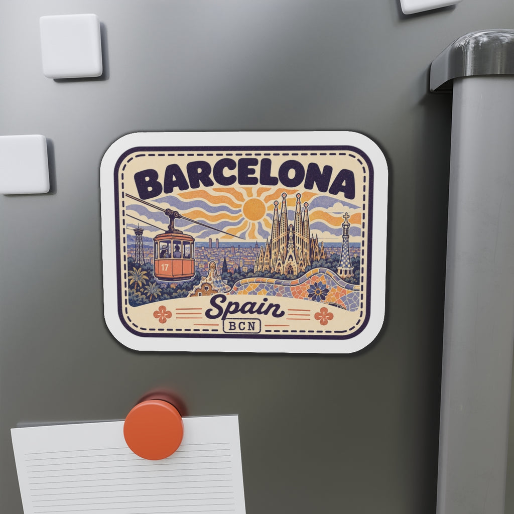 Die-cut Barcelona Spain magnet with skyline scene and clear 'Spain' lettering