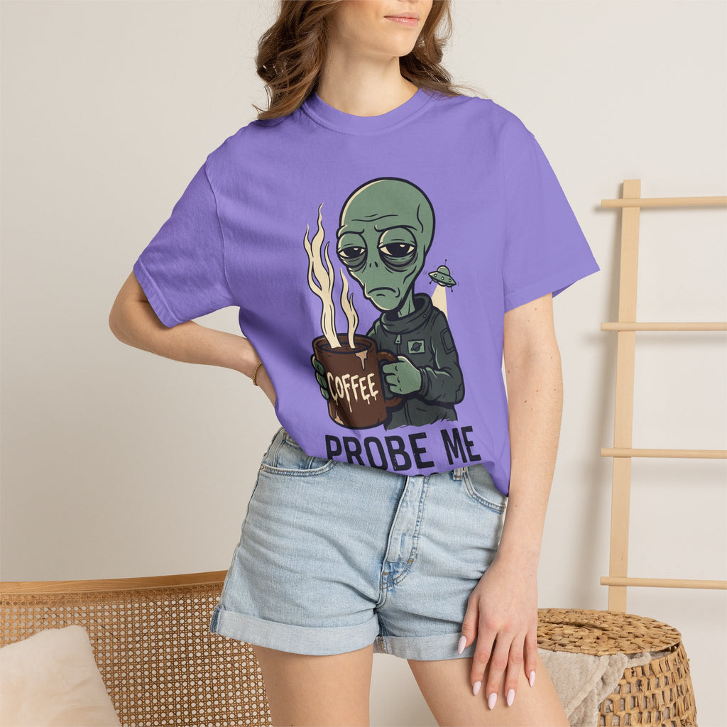 Purple T-shirt with green alien holding coffee, flames, and “PROBE ME” print
