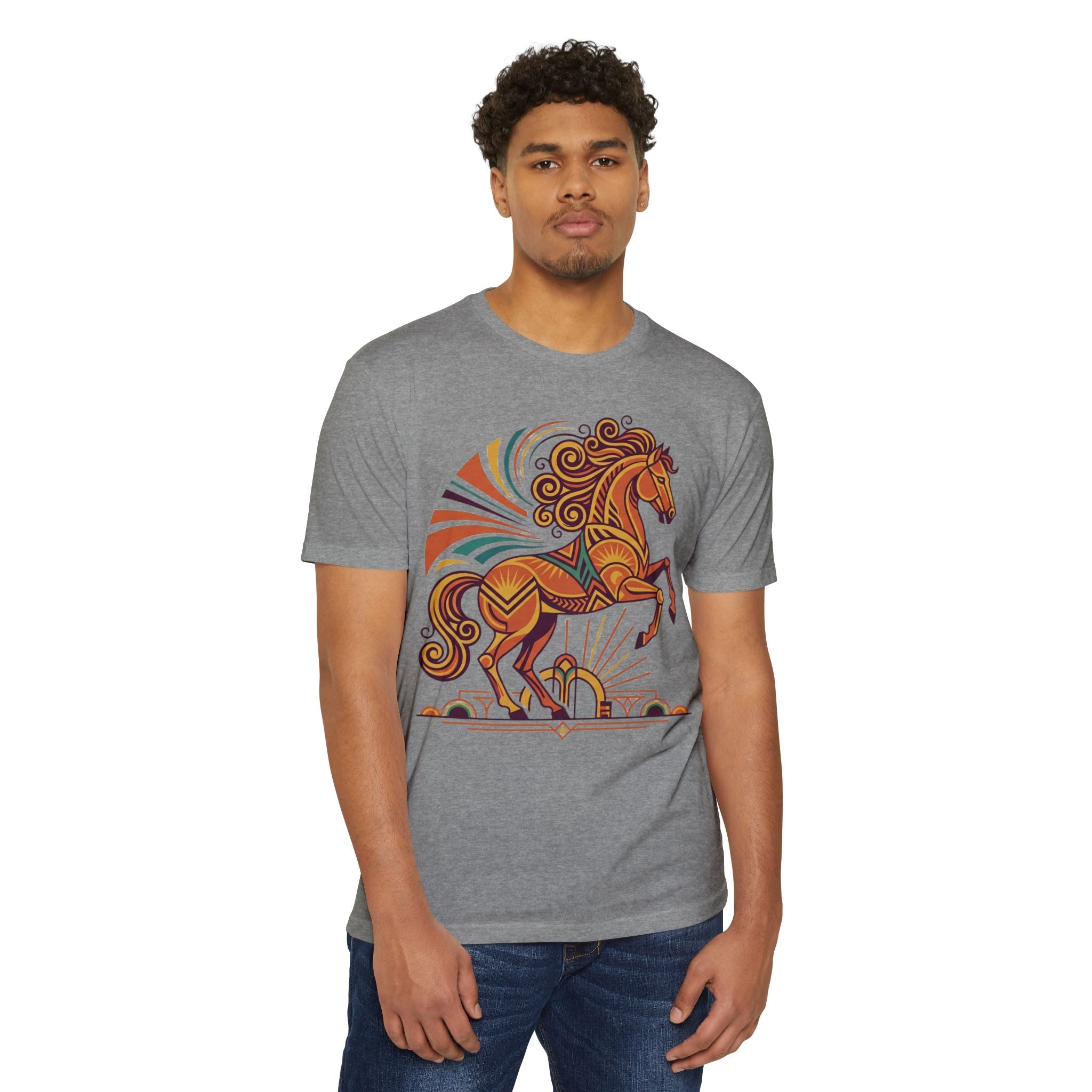 Heather grey unisex T-shirt with colorful prancing horse graphic on chest.