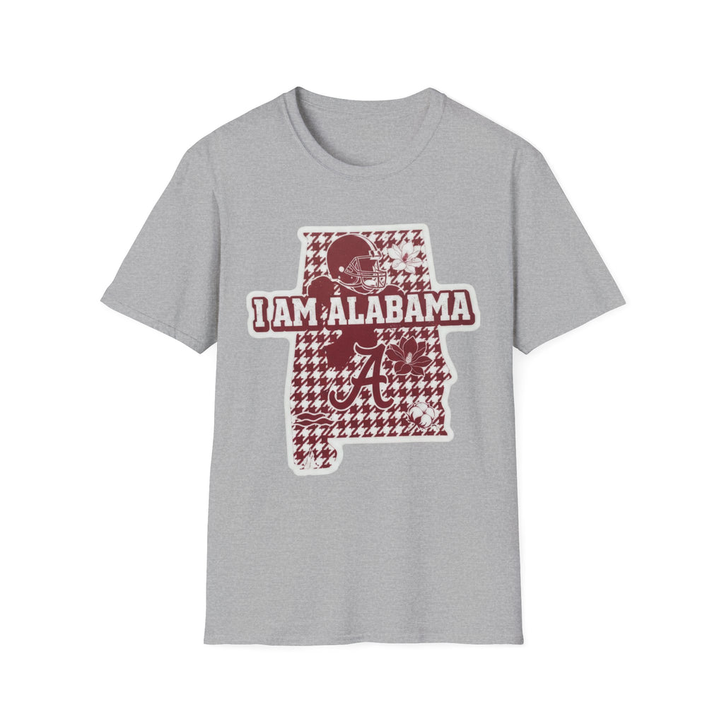 I Am Alabama houndstooth graphic T-shirt, Sport Grey, maroon and white state emblem