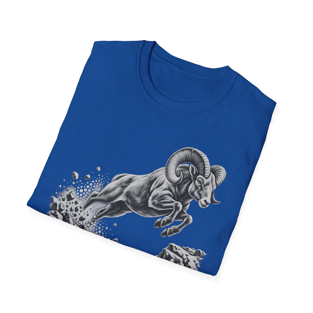 Royal blue T-shirt with black-and-gray bighorn sheep graphic, crew neck