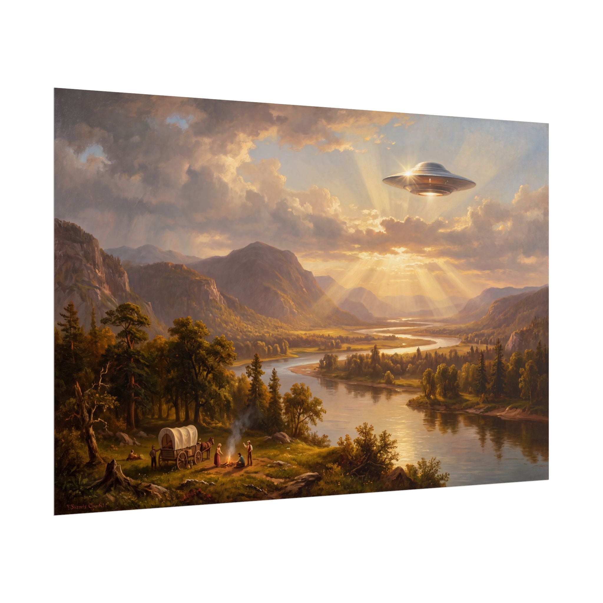 Landscape poster with glowing sunset, river through forest, and UFO hovering in sky