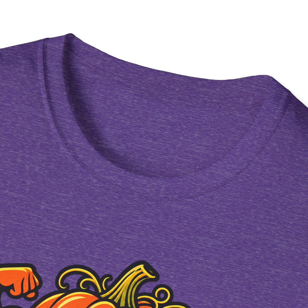 Purple crewneck t-shirt neckline close-up