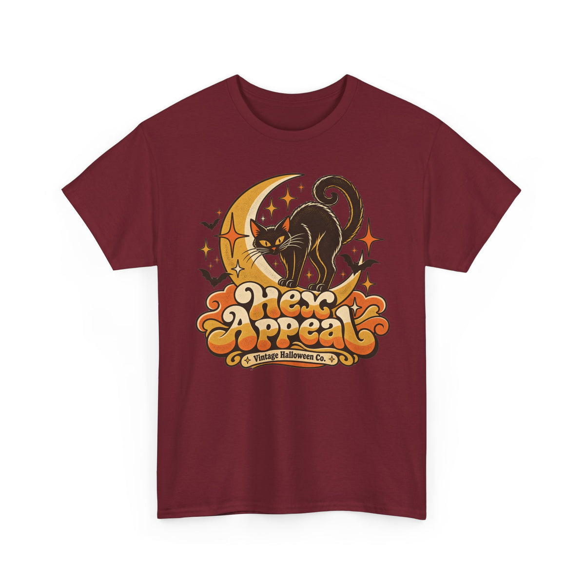 Hex Appeal Black Cat T-Shirt, Retro Crescent Moon Witchy Halloween Shirt for Women and Men, Funny Spooky Cat Lover Tee