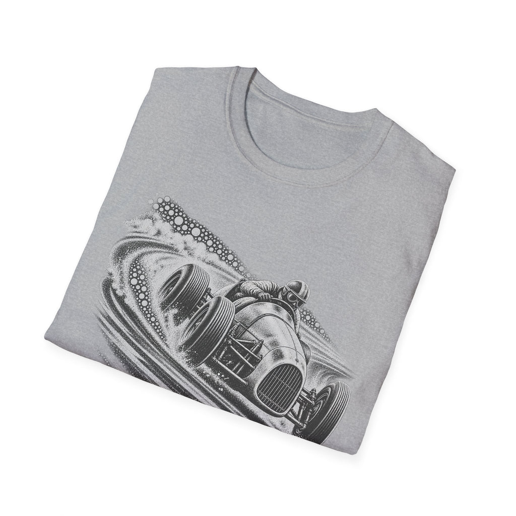 Light gray t-shirt with vintage open-wheel race car graphic on the front