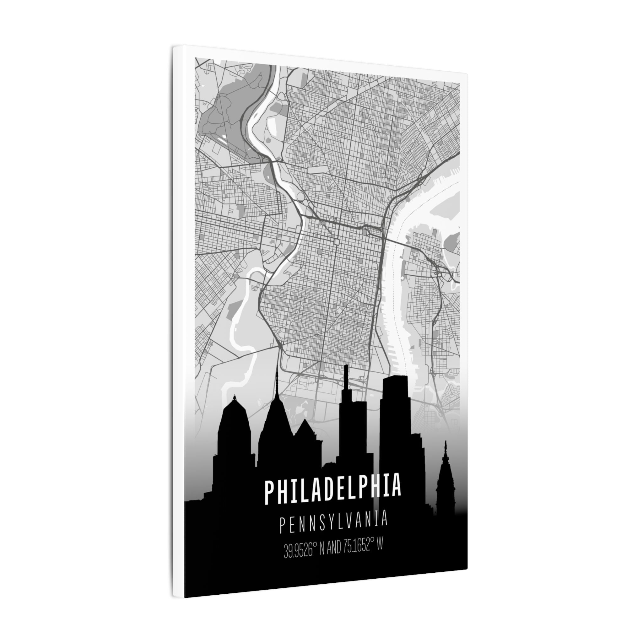 Philadelphia skyline map canvas on stretcher frame with black city silhouette