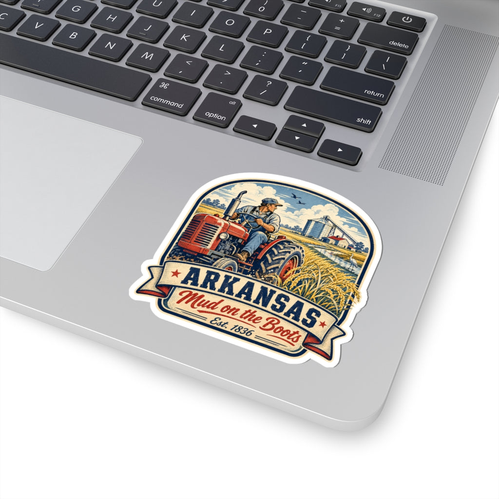 Kiss-cut sticker with tractor-and-field graphic and Arkansas “Mud on the Boots” emblem