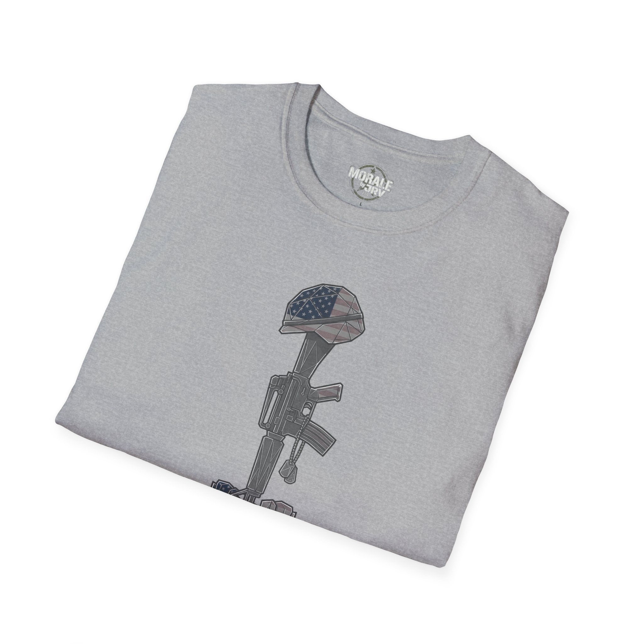Sport Grey t-shirt with kneeling soldier flag and rifle graphic on chest
