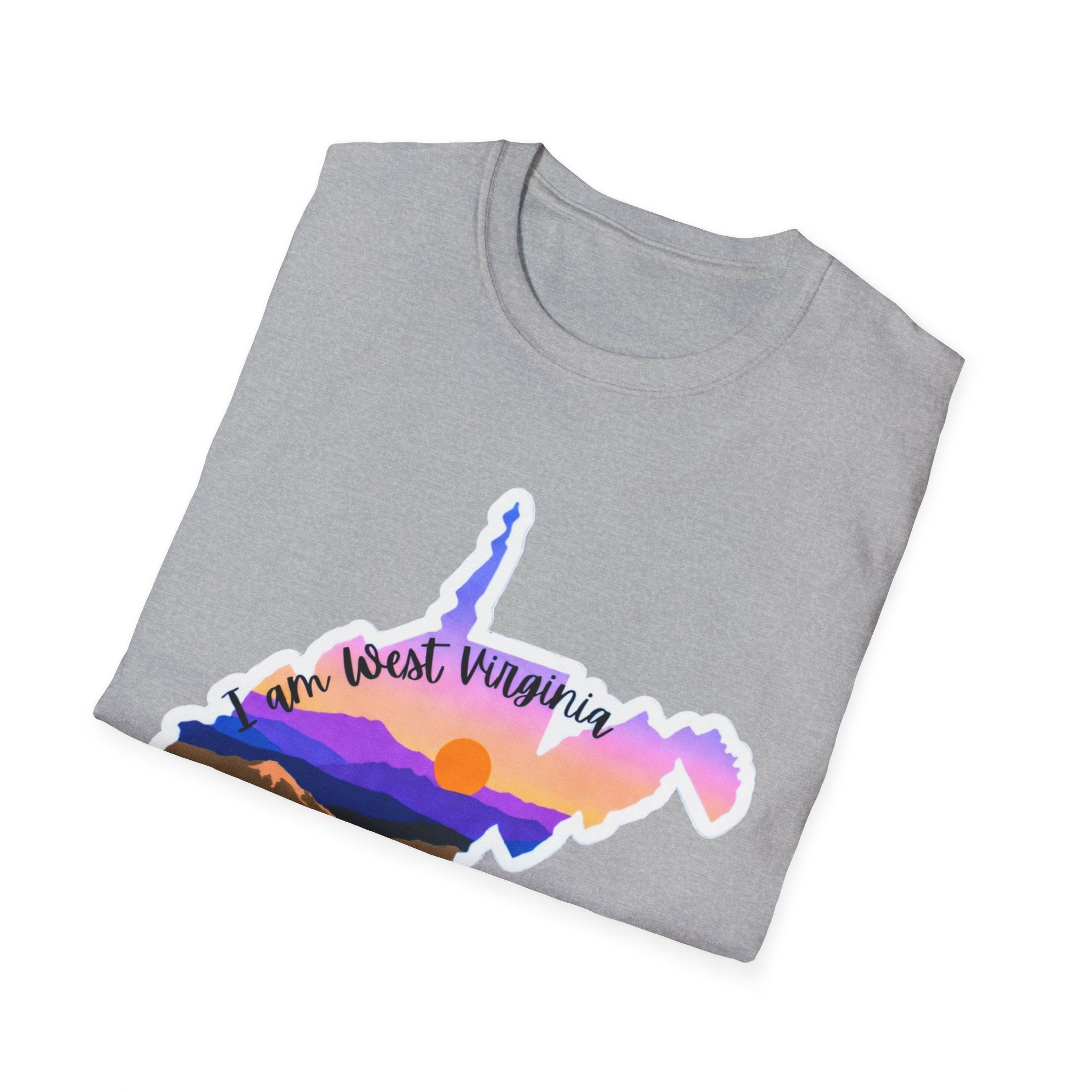 Sport Grey T-shirt with West Virginia mountain-sunset graphic