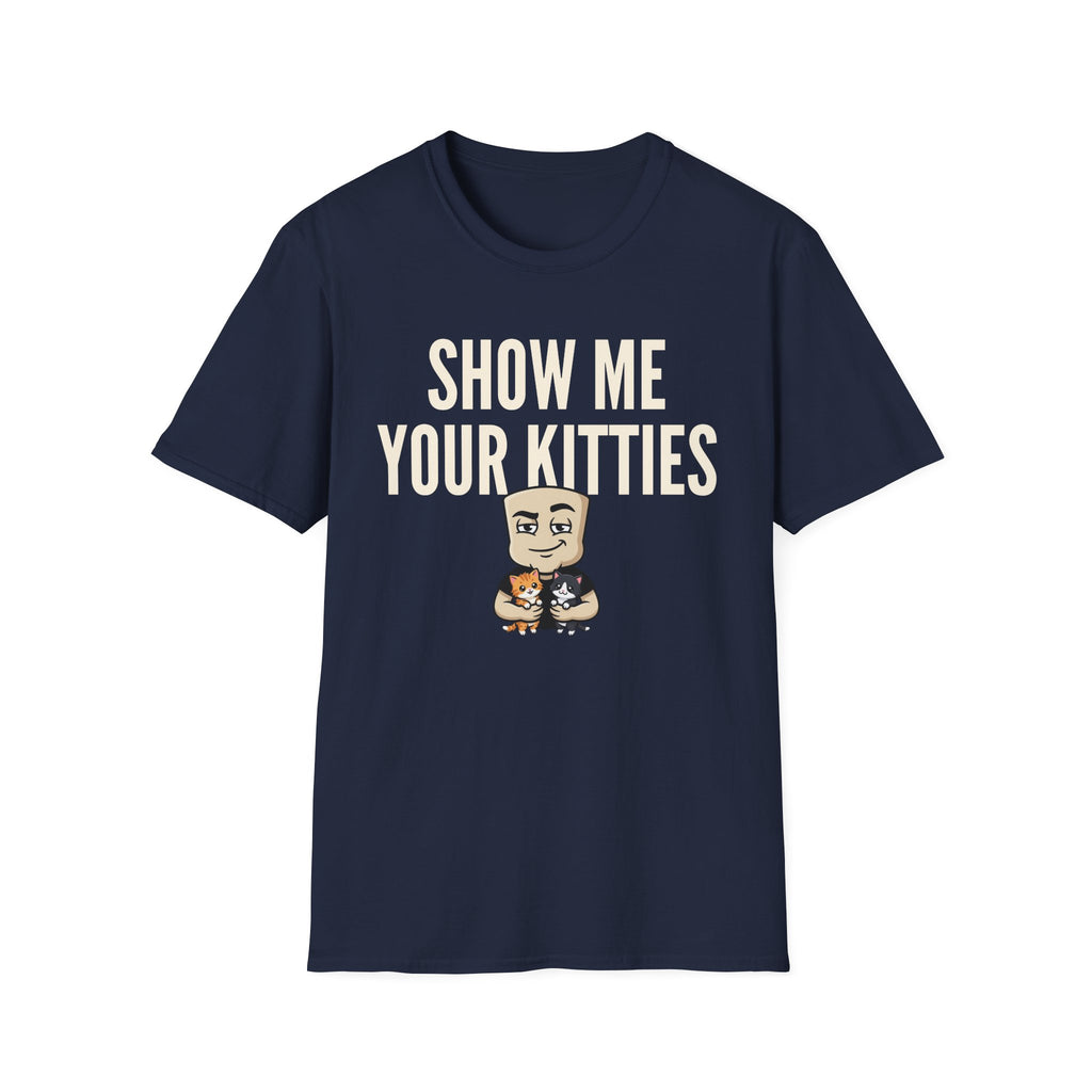 Navy T-shirt: 'SHOW ME YOUR KITTIES' cat graphic on chest