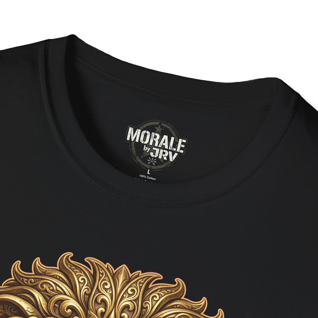 Black t-shirt neckline with brand label; gold lion head design detail at bottom.