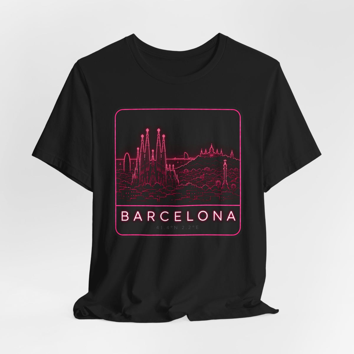 Black T-shirt with neon pink Barcelona skyline square graphic