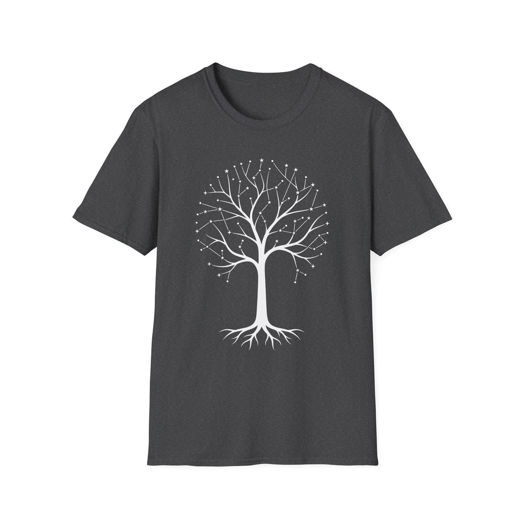 Camiseta gris oscuro con árbol de la vida en constelación y raíces botánicas blancas