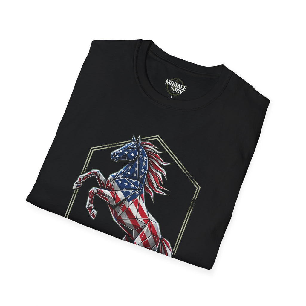 Black American flag horse T-shirt, side angle with large "Born Free" graphic